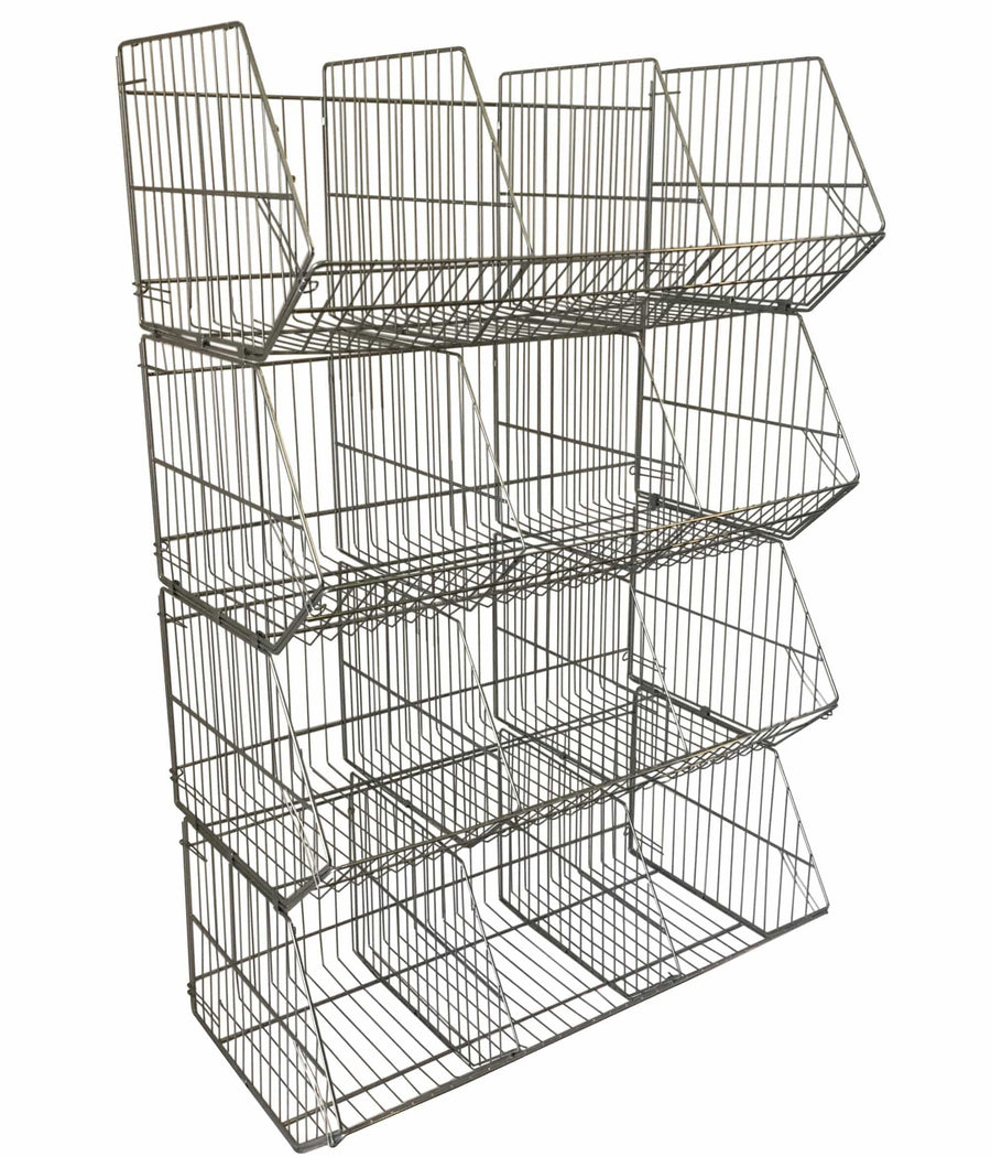 Set of 4 Large Wire Storage Stacking Display Baskets & 8 Dividers, 900mm Silver Basket Stack Kit, Filstorage