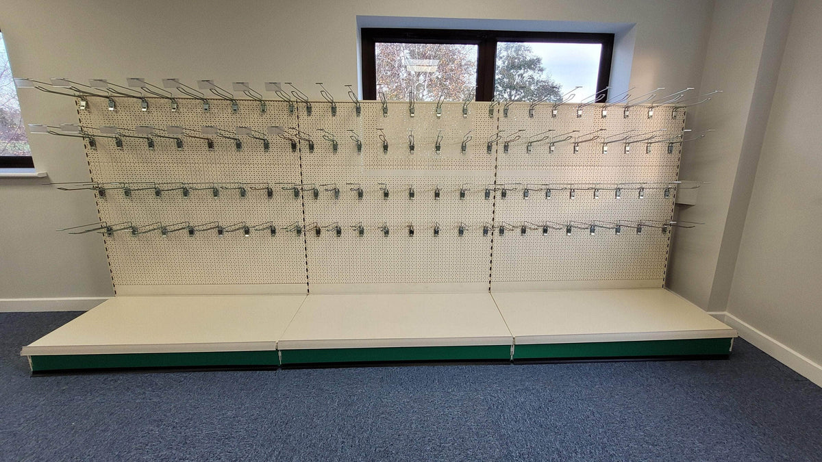Retail Shop Shelving Run of 3 x Gondola Bays 1400mm H with Perforated Panels, Single-Sided, Filstorage