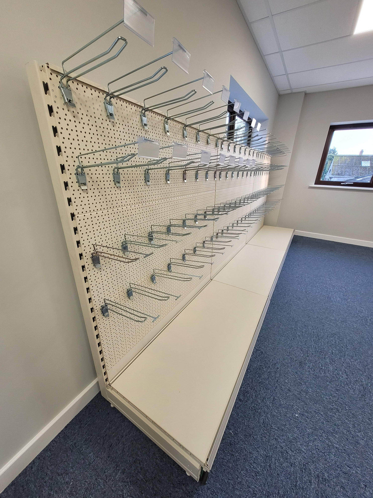 Retail Shop Shelving Run of 3 x Gondola Bays 1400mm H with Perforated Panels, Single-Sided, Filstorage