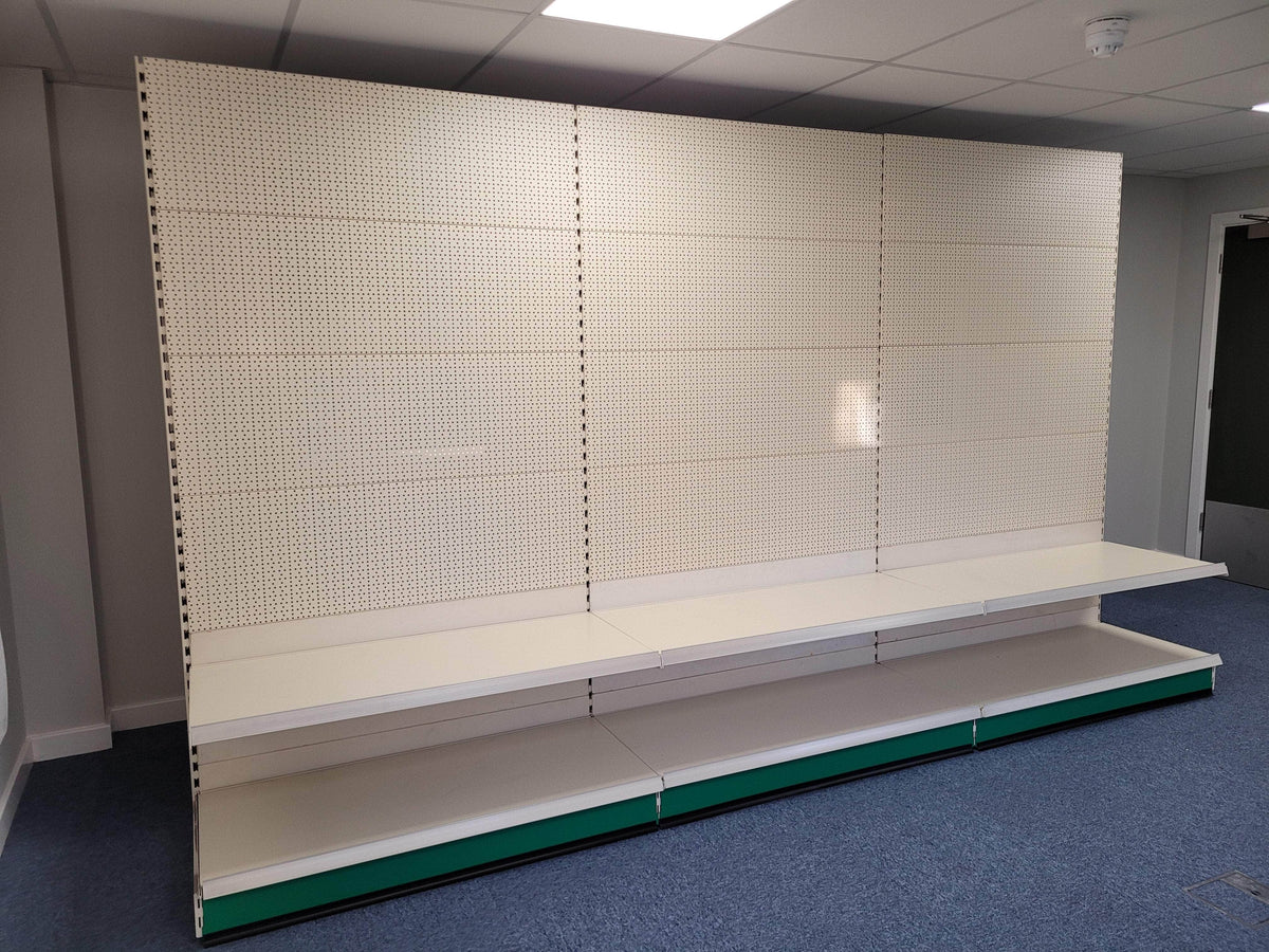 Retail Shop Shelving Run of 3 x Gondola Bays 2200mm H with Perforated Panels, Single-Sided, Filstorage