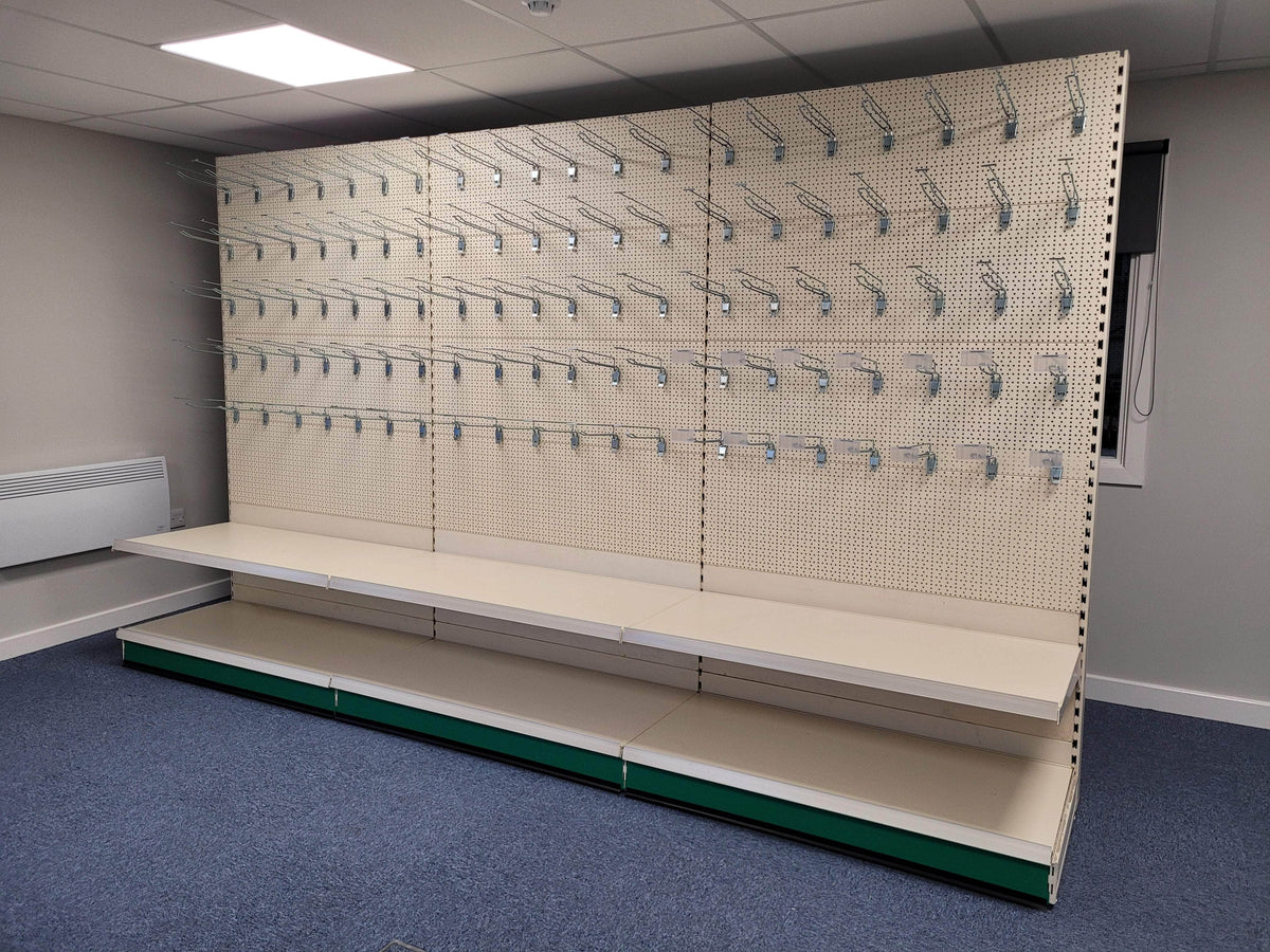 Retail Shop Shelving Run of 3 x Gondola Bays 2200mm H with Perforated Panels, Single-Sided, Filstorage