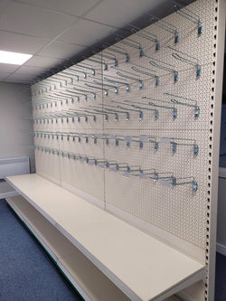 Retail Shop Shelving Run of 3 x Gondola Bays 2200mm H with Perforated Panels, Single-Sided, Filstorage