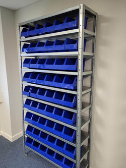 Steel Shelving with Blue Kaddy Storage Bins in Showroom