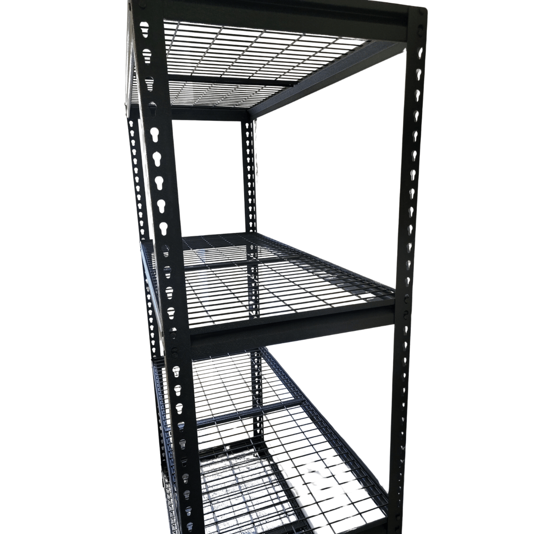 Black Mesh shelving unit side view showing levels