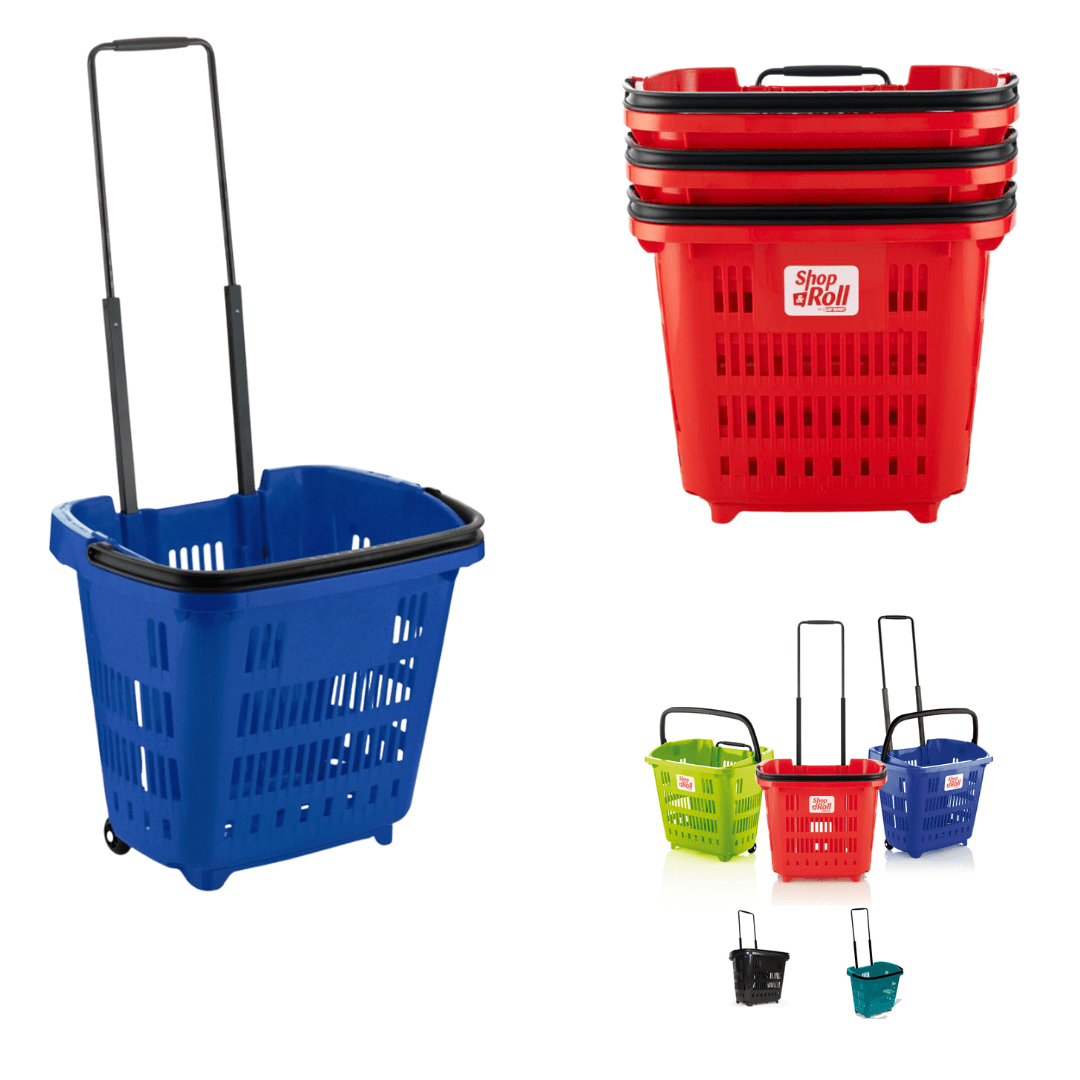 Set of 5 Bundle: Plastic Shopping Trolley Basket 34L (6 Colours), Black, Filstorage