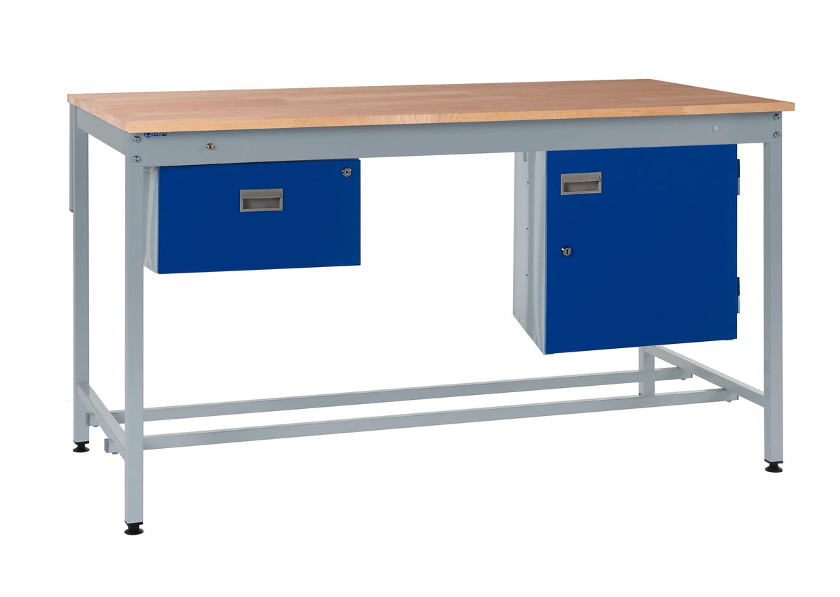 Square Tube Workbench with Drawer and Cupboard 840mm H, 1200mm / Solid Beech / Single Drawer, Filstorage