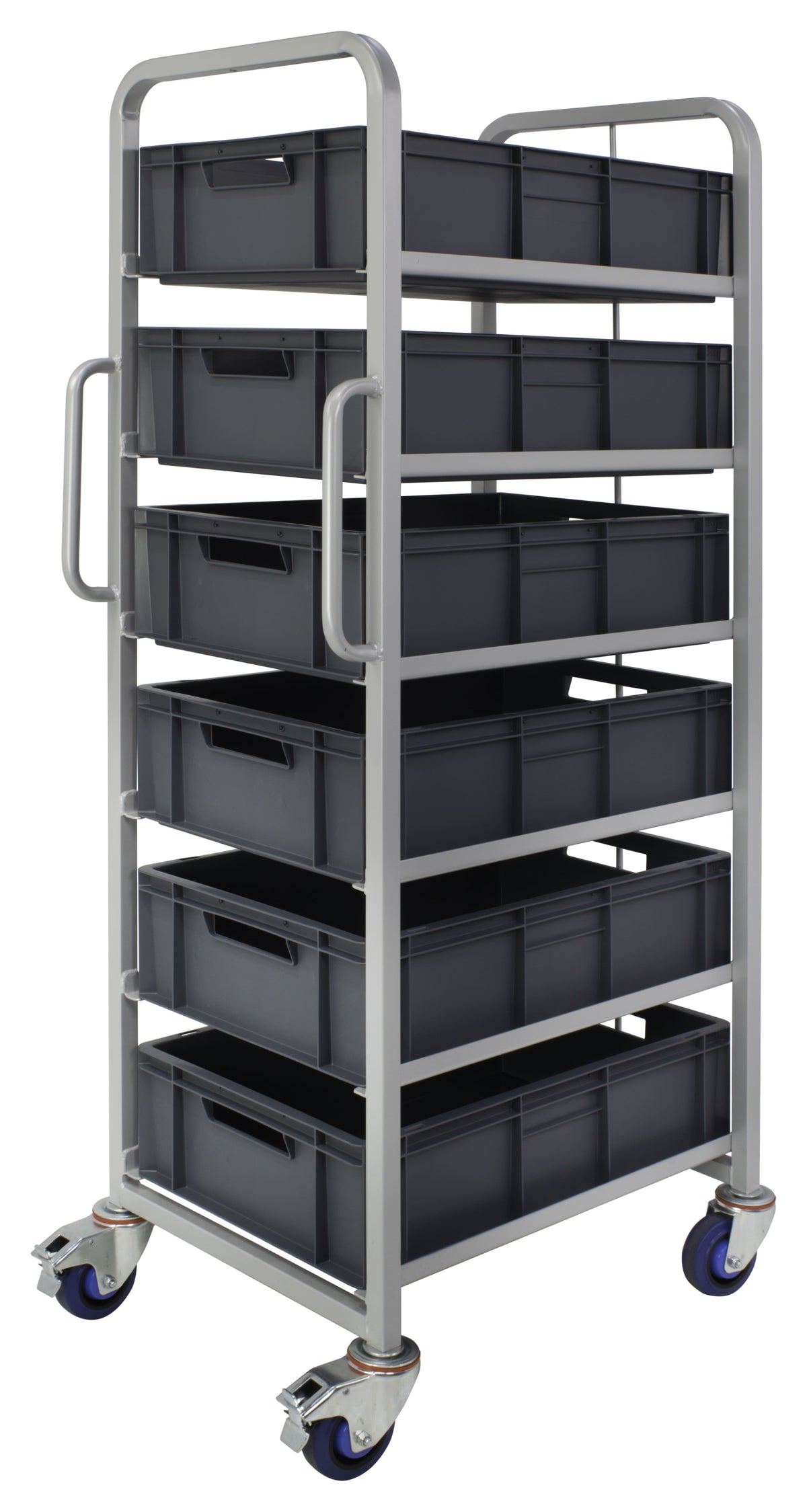 Euro Stacking Container Tray Trolleys 1500mm H x 700mm W x 470mm D, Complete 6 Tier Trolley with 170mm high Euro Containers, Filstorage