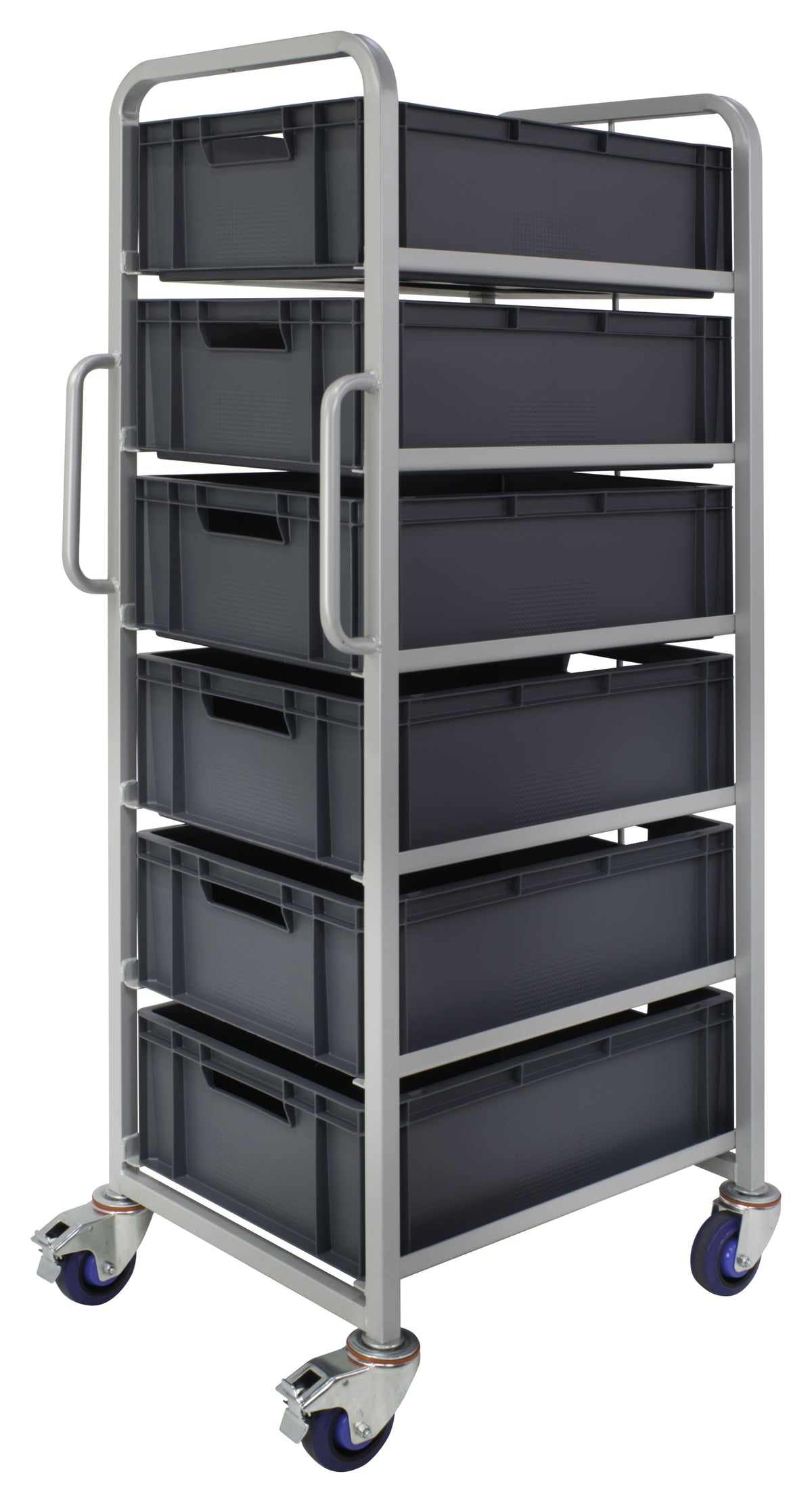 Euro Stacking Container Tray Trolleys 1500mm H x 700mm W x 470mm D, Complete 6 Tier Trolley with 200mm high Euro Containers, Filstorage