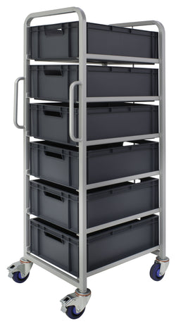 Euro Stacking Container Tray Trolleys 1500mm H x 700mm W x 470mm D, Complete 6 Tier Trolley with 200mm high Euro Containers, Filstorage