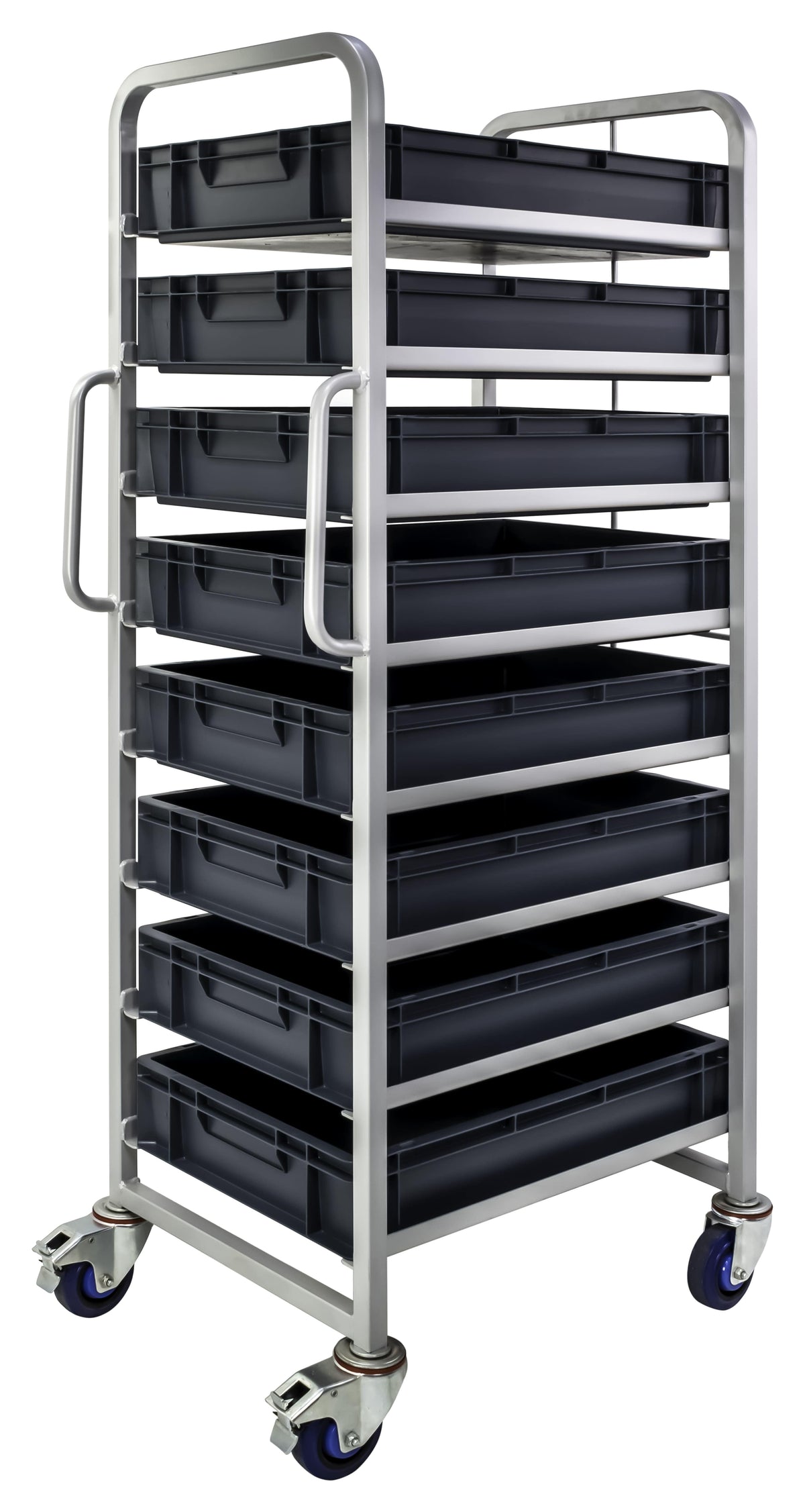 Euro Stacking Container Tray Trolleys 1500mm H x 700mm W x 470mm D, Complete 8 Tier Trolley with 120mm high Euro Containers, Filstorage