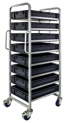 Euro Stacking Container Tray Trolleys 1500mm H x 700mm W x 470mm D, Complete 8 Tier Trolley with 120mm high Euro Containers, Filstorage