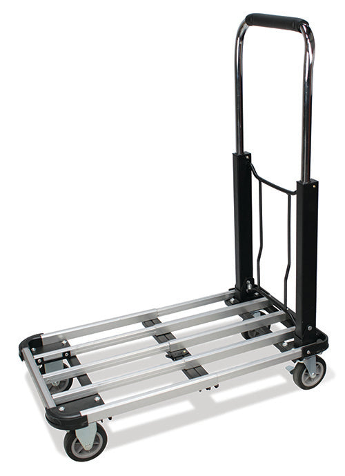 A folding utility dolly cart with a silver aluminum slatted base, black plastic wheel covers, and a black handle, shown on a white background.