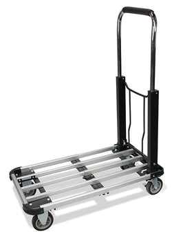 A folding utility dolly cart with a silver aluminum slatted base, black plastic wheel covers, and a black handle, shown on a white background.