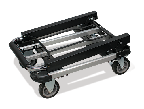 A black and silver metal utility dolly cart with four caster wheels, shown from an elevated angle on a white background.