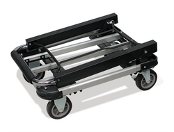 A black and silver metal utility dolly cart with four caster wheels, shown from an elevated angle on a white background.