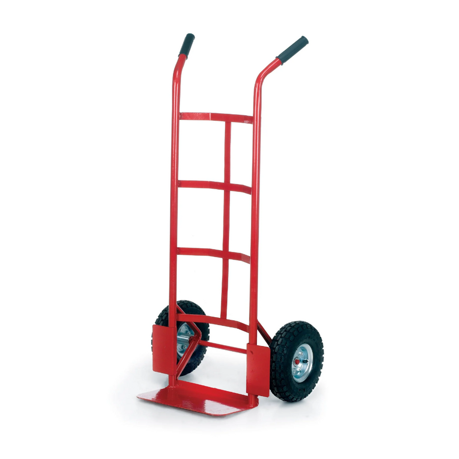 A red metal hand truck with two black wheels and black handle grips, photographed on a clean white background.