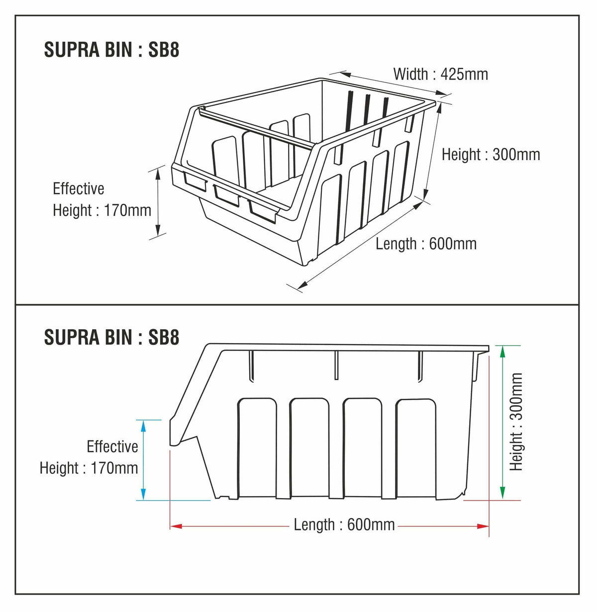 Large Stack & Nest Bin Supra 8 Stacking Storage Bin - Black 300mm H x 425mm W x 600mm D, FBSUP8 RECY, Filstorage