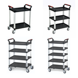 Four variations plastic utility cart with silver metal legs and red-accented handles, shown on a plain white background.