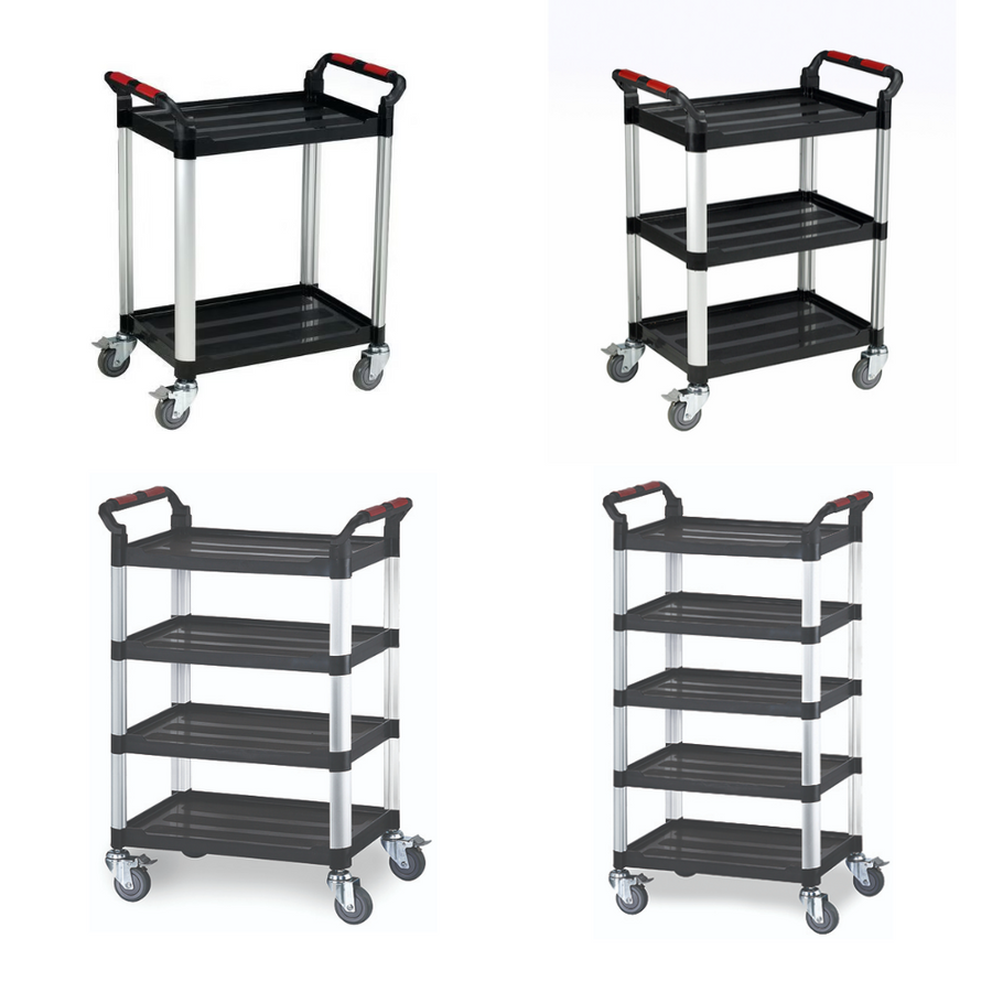 Four variations plastic utility cart with silver metal legs and red-accented handles, shown on a plain white background.