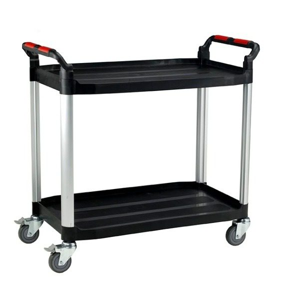 A two-tier utility cart with black plastic shelves and silver metal frame, featuring red-accented handles and gray caster wheels, shown on a plain white background.