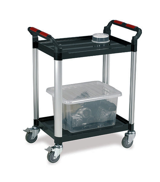 A two-tier utility cart with a black plastic frame, silver metal legs, and red accents on the handles. It has two black shelves, a clear plastic storage bin on the lower shelf, and caster wheels.