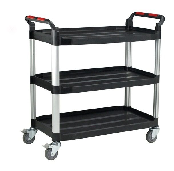 A three-tier utility cart with black plastic shelves, a silver metal frame, and gray caster wheels with red handle grips, shown on a white background.