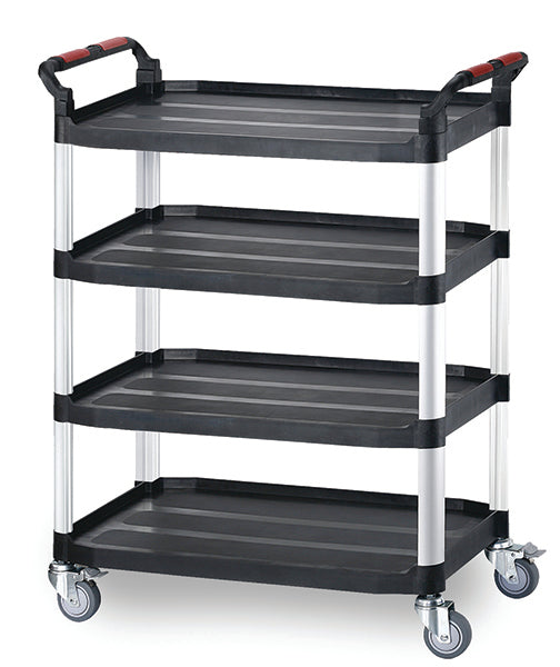 A 4-tier utility cart with black plastic trays and silver metal support columns, featuring red-accented handles on the top corners and gray caster wheels.