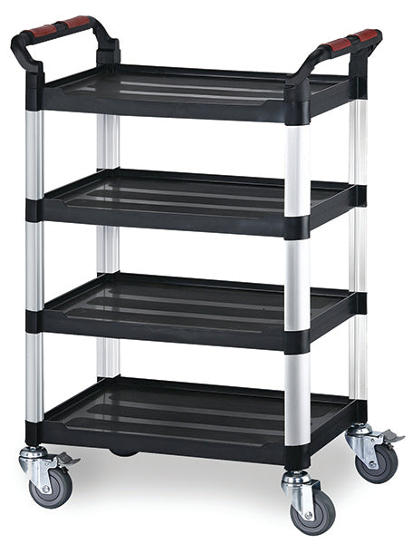 A four-tier utility cart with black plastic shelves, a silver metal frame, and dual handles with red accents, fitted with four swivel casters on a white background.