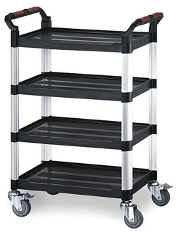 A four-tier utility cart with black plastic shelves, a silver metal frame, and dual handles with red accents, fitted with four swivel casters on a white background.