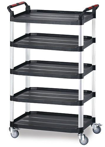 A 5-tier utility cart with black plastic shelves, a silver metal frame, and dual-wheeled casters. It features red accents on the top handles and side brackets.