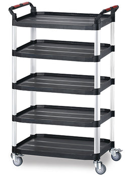 A 5-tier utility cart with black plastic shelves, a silver metal frame, and dual-wheeled casters. It features red accents on the top handles and side brackets.