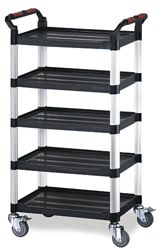 A 5-tier utility cart with black plastic shelves, silver metal side rails, and dual black handles with red grips, mounted on four caster wheels.