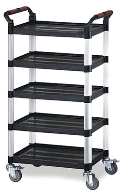 A 5-tier utility cart with black plastic shelves, silver metal side rails, and dual black handles with red grips, mounted on four caster wheels.