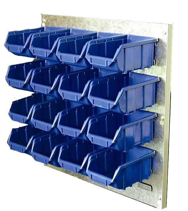Metal Wall Storage Kit with 16 Plastic Parts Bins (Steel Panel), Blue, Filstorage