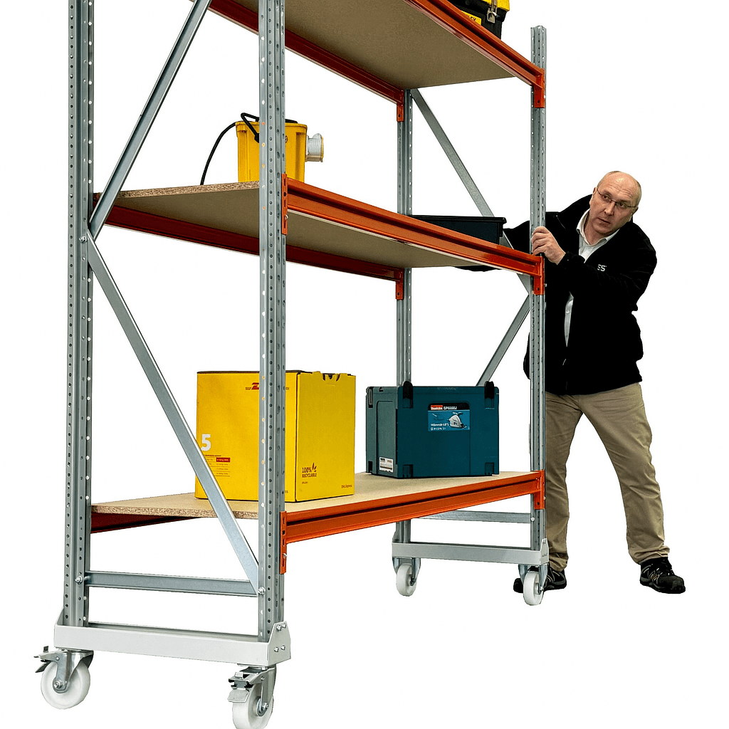 mobile storage longspan shelving rack in situ
