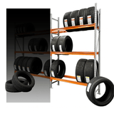 Tire rack with multiple tires on a white background