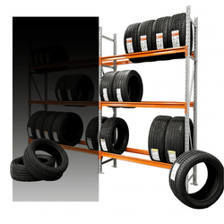 Tire rack with multiple tires on a white background